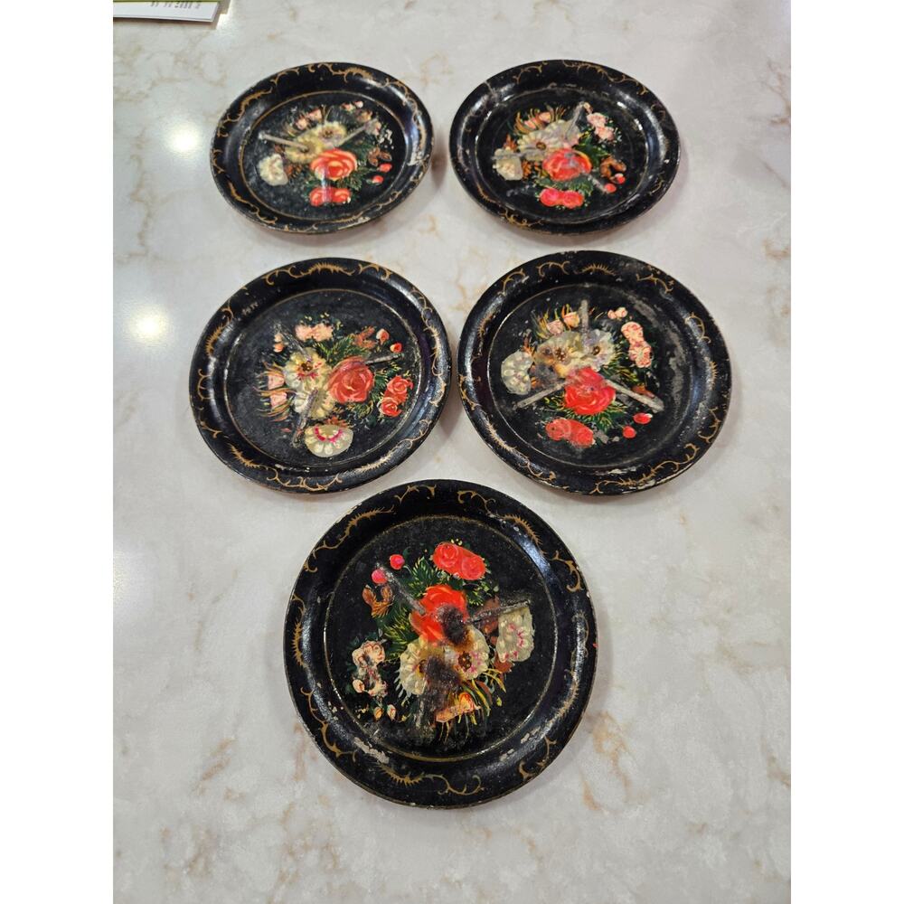 5 Vintage Metal Hand Painted Ashtrays ISCO Alcohol Proof